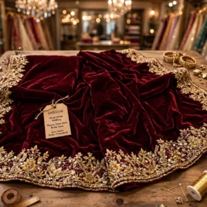 Enchanting Floral Ruffle Saree & Royal Velvet Bridal Drape – Available in Pastel Pink & Deep Maroon
