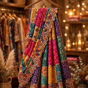 Artisanal Textured Mustard Saree & Multicoloured Embroidered Patchwork Lehenga – Available in Sunshine Mustard & Festive Multi-Colour