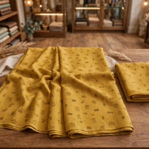 Vibrant Tangerine Ruffle Saree Set with Intricate Embroidery – Available in Tangerine & Mustard Stationery Print
