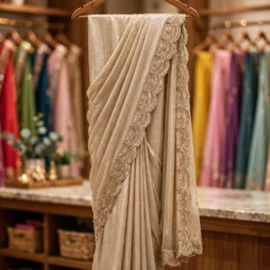 Opulent Gilded Embellished Chiffon Saree – Available in Champagne Gold & Pristine Ivory