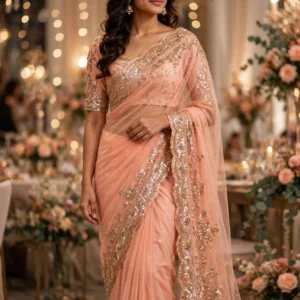 Opulent Traditional Heirloom Saree Collection – Available in Peach, Rose Pink & Cream, and Crimson Red