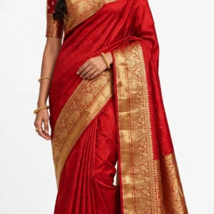 Timeless Temple Motif Silk Saree with Grand Zari Border – Available in Royal Blue & Crimson Red
