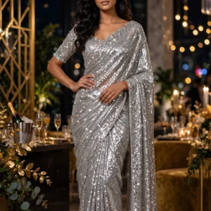 Opulent Sequin & Traditional Silk Saree Collection – Available in Radiant Silver & Regal Royal Blue