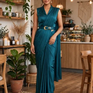 Midnight Teal Satin Draped Belted Saree – Modern Minimalist Elegance