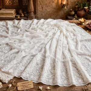 Ethereal Artisanal Embroidered Georgette Saree – Available in Rose Quartz & Pristine White