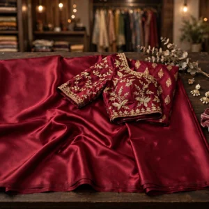 Regal Satin Silk Embroidered Saree with Heavily Embellished Blouse – Available in Deep Burgundy & Midnight Plum