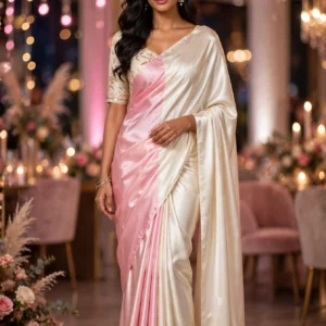 Dual-Tone Shimmer Satin Half-n-Half Saree – Available in Pink & Cream and Hot Fuchsia