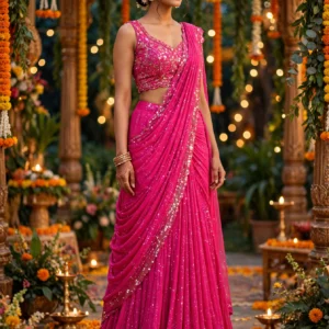 Radiant Fuchsia Sequined Drape Saree & Natural Beige Linen Wrap – Available in Fuchsia Pink & Natural Beige