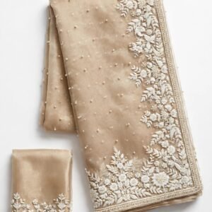 Opulent Champagne Shimmer Embroidered Organza Saree with Pearl Embellishments