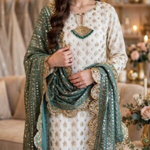 Ivory & Sage Embellished Pearl-Encrusted Ethnic Suit Set – Available in White & Green
