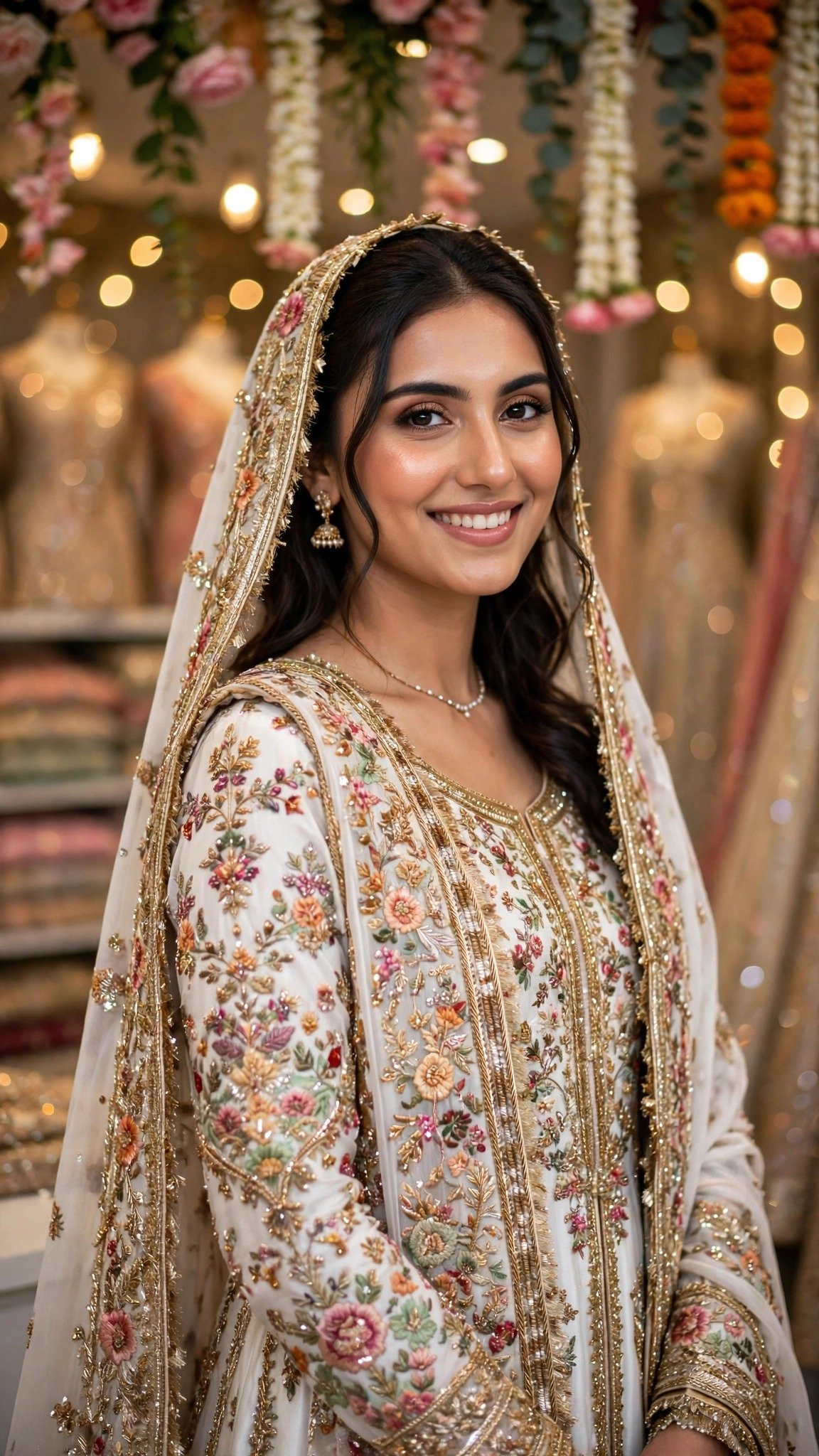 Ivory Floral Embroidered A-Line Kurta Set with Intricate Zardosi Border - Image 2