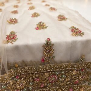 Ivory Floral Embroidered A-Line Kurta Set with Intricate Zardosi Border