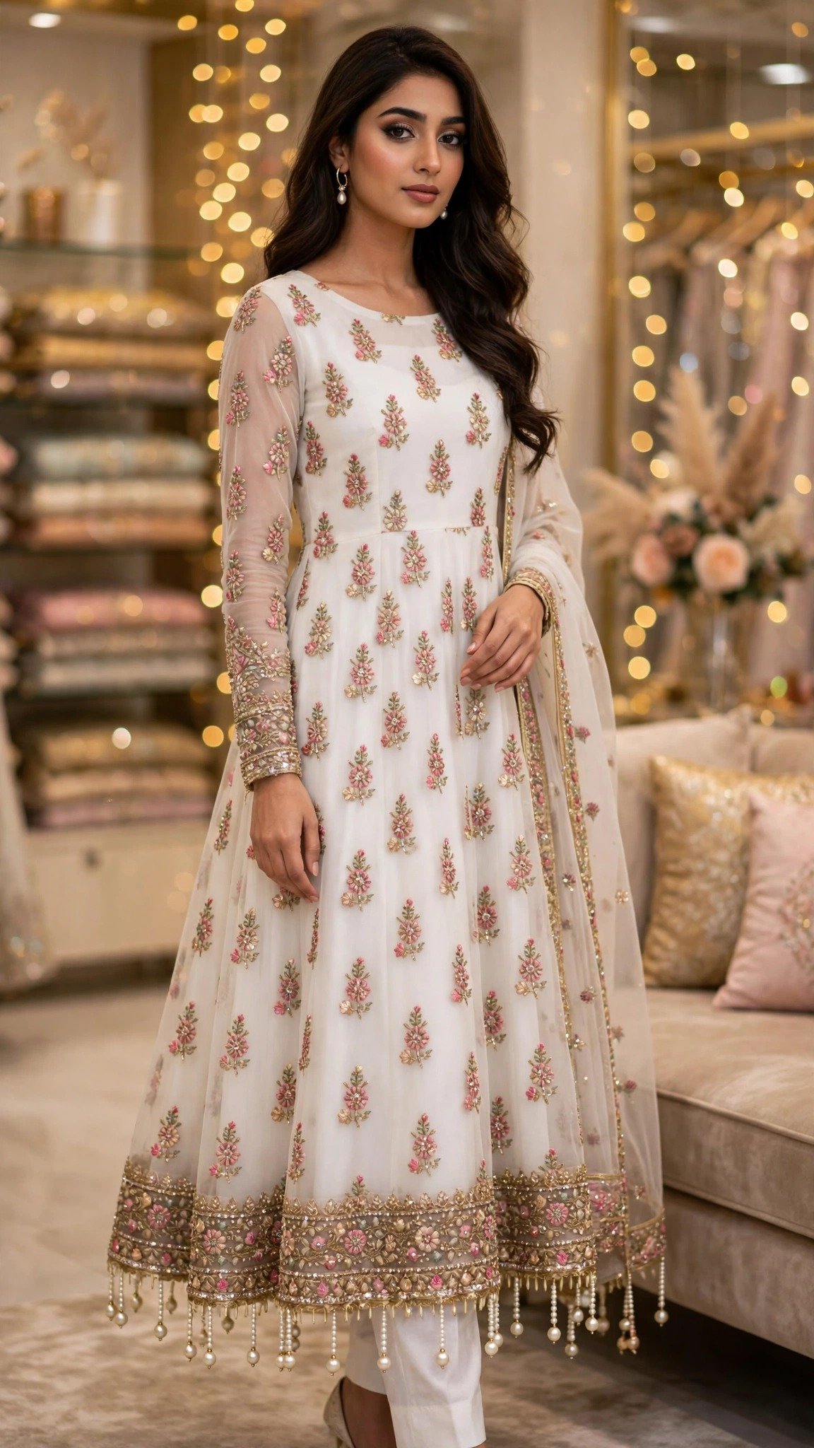 Ivory Floral Embroidered A-Line Kurta Set with Intricate Zardosi Border - Image 5