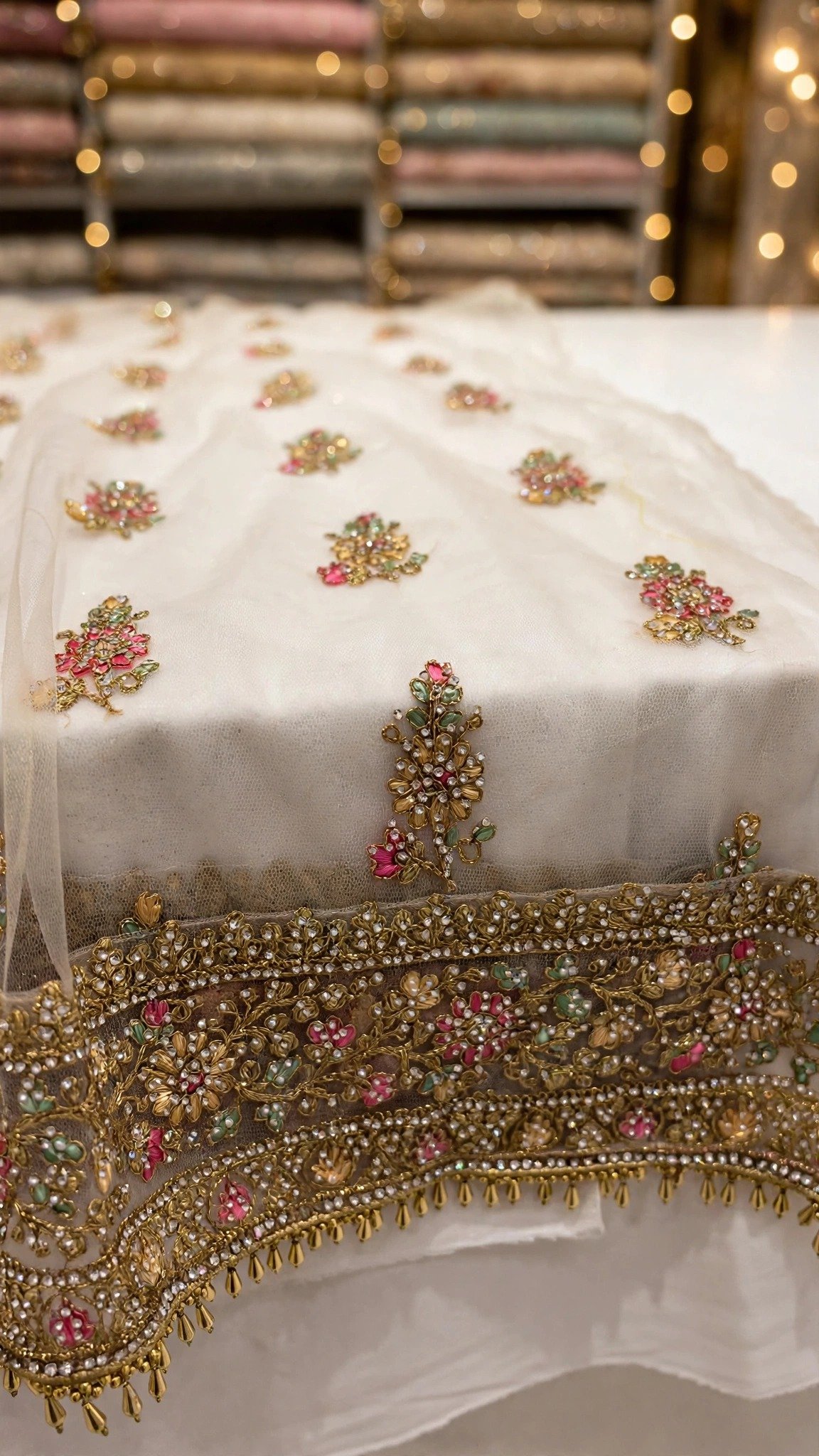 Ivory Floral Embroidered A-Line Kurta Set with Intricate Zardosi Border