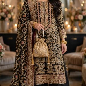 Midnight Noir Velvet & Chiffon Embroidered Palazzo Set – Opulent Occasion Wear