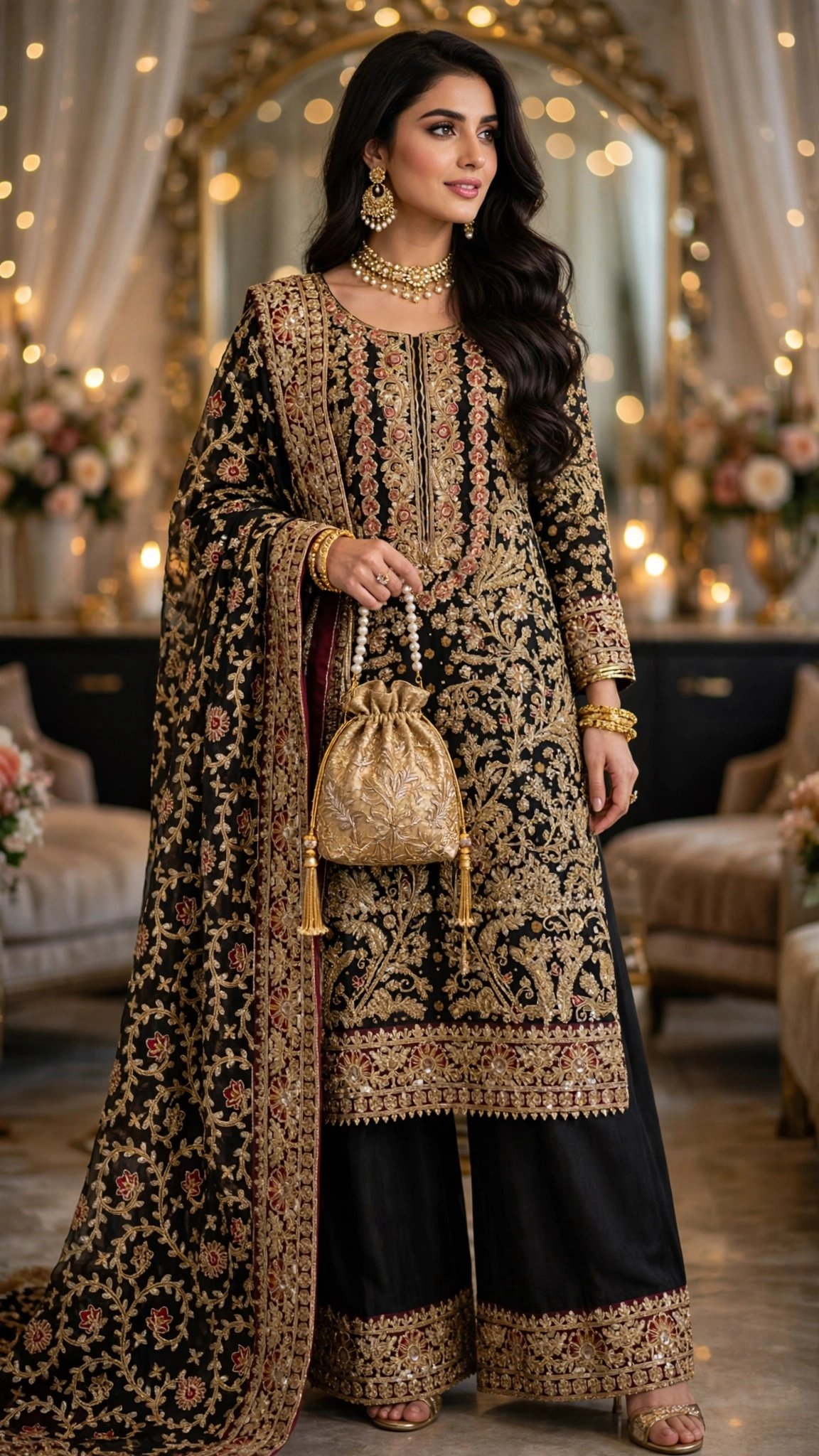 Midnight Noir Velvet & Chiffon Embroidered Palazzo Set – Opulent Occasion Wear