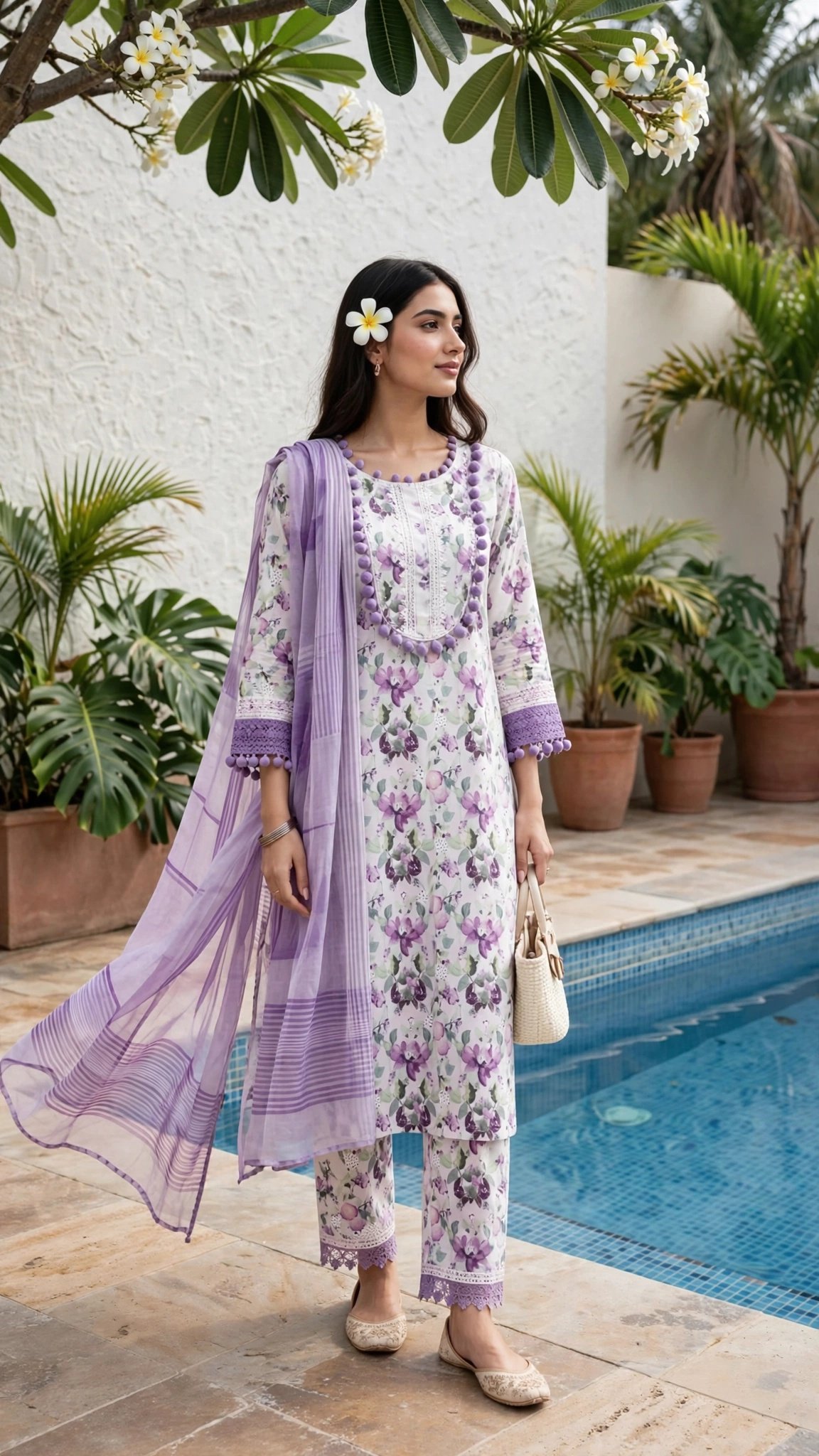 Lavender Floral Elegance Cotton Kurta Set with Scalloped Dupatta – Available in Floral Bloom & Minimalist White - Image 3