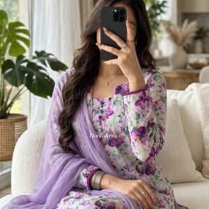 Lavender Floral Elegance Cotton Kurta Set with Scalloped Dupatta – Available in Floral Bloom & Minimalist White