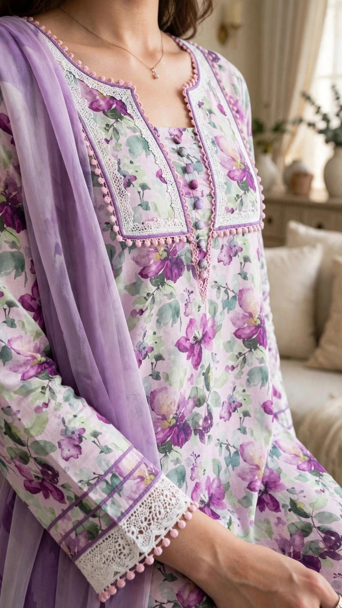 Lavender Floral Elegance Cotton Kurta Set with Scalloped Dupatta – Available in Floral Bloom & Minimalist White - Image 4