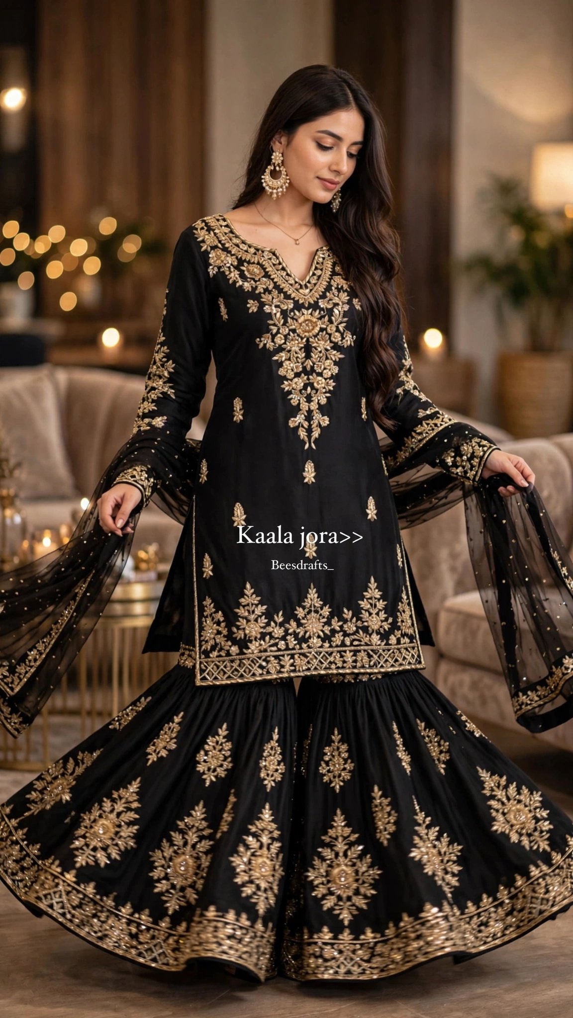 Midnight Noir Embellished Sharara Set with Scalloped Embroidery - Image 2