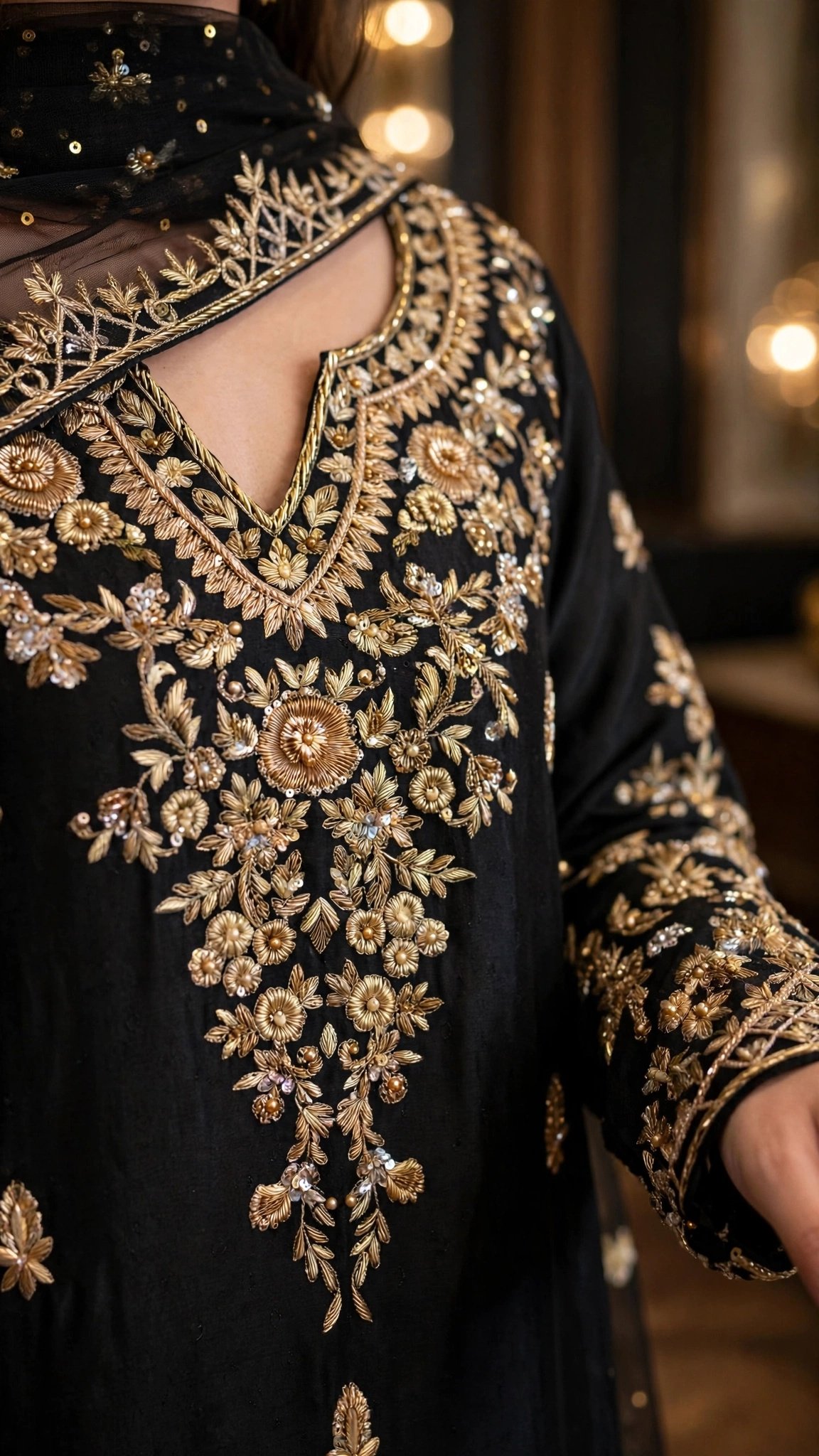 Midnight Noir Embellished Sharara Set with Scalloped Embroidery - Image 4