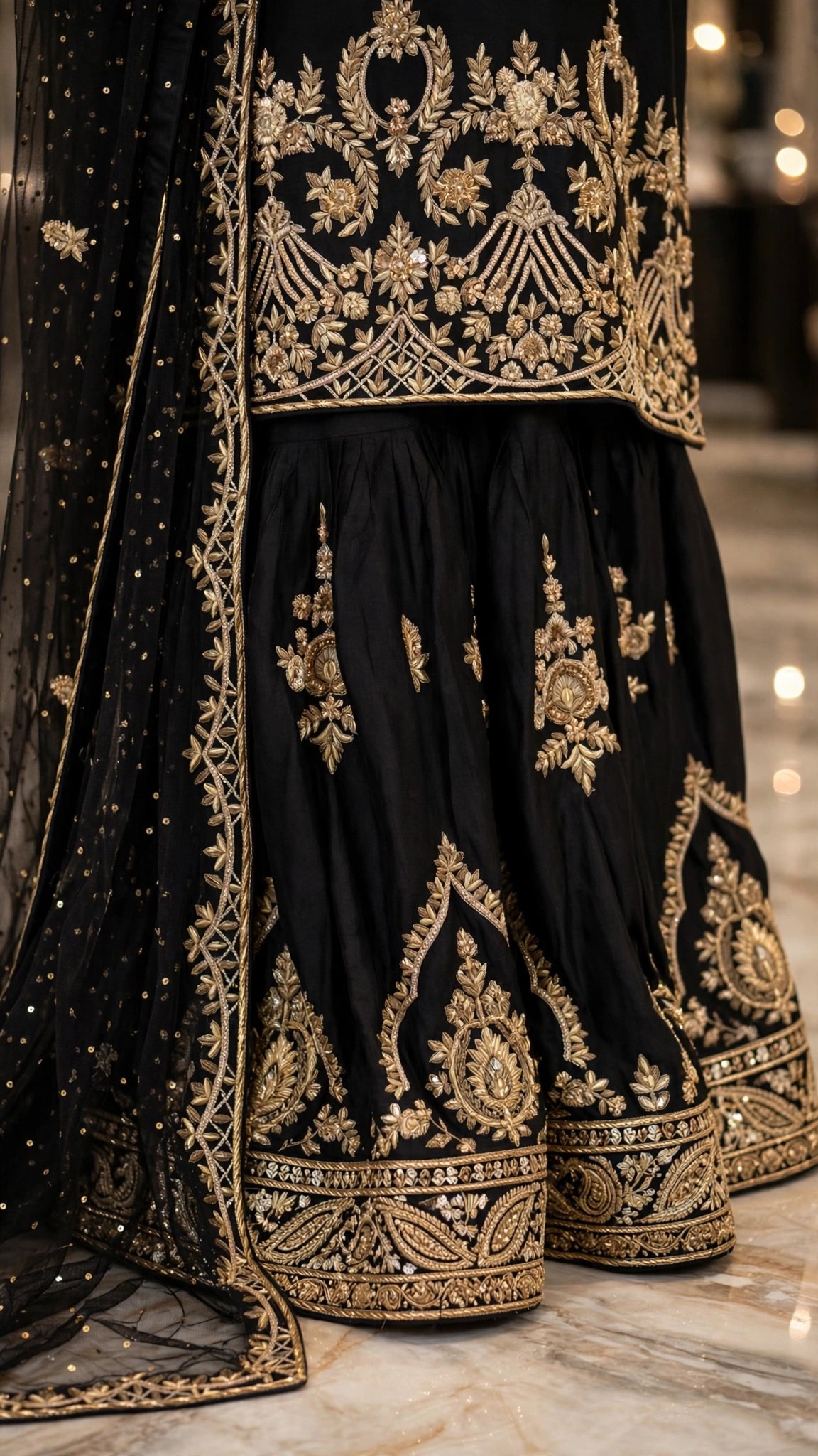 Midnight Noir Embellished Sharara Set with Scalloped Embroidery - Image 5