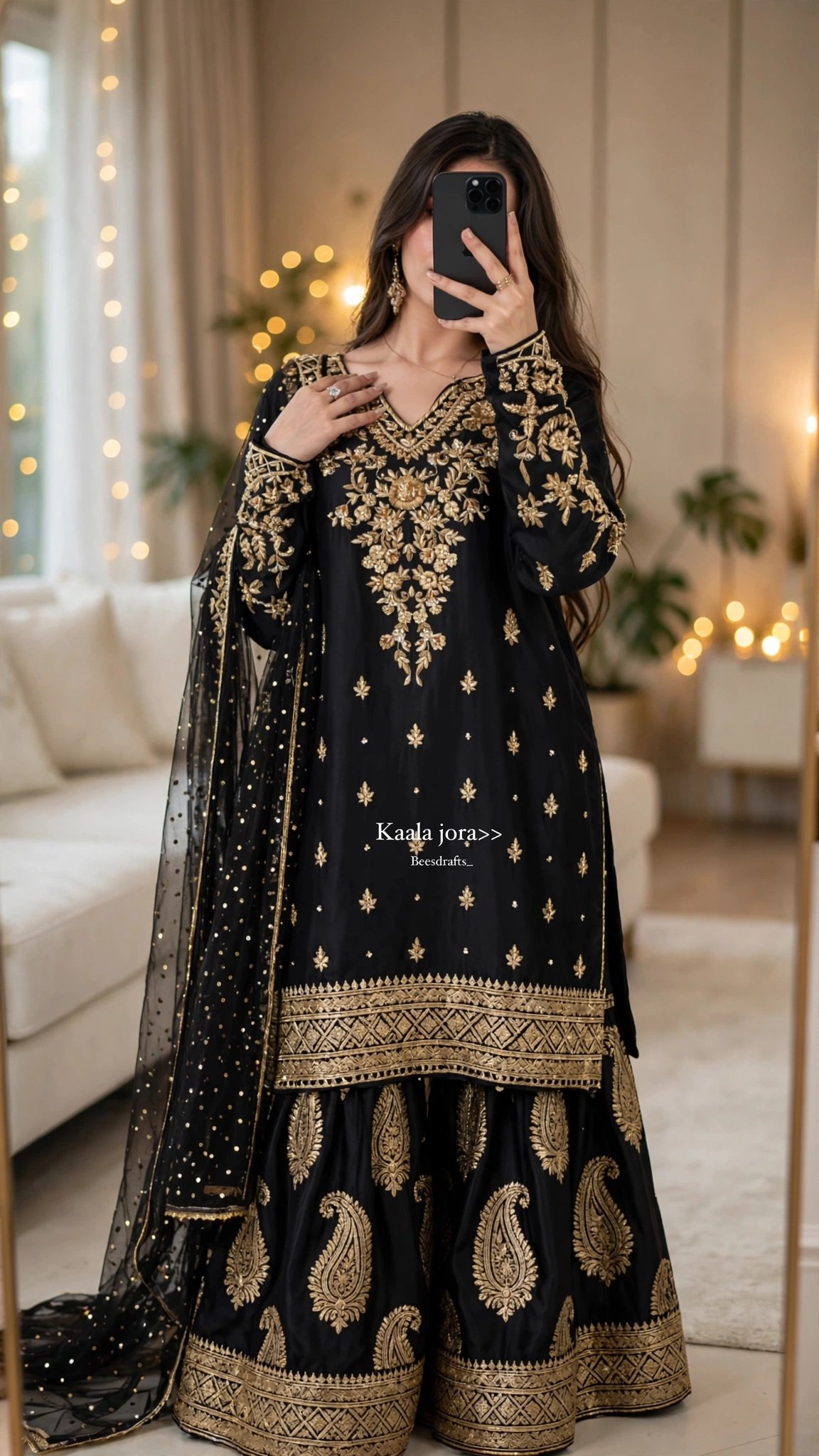Midnight Noir Embellished Sharara Set with Scalloped Embroidery