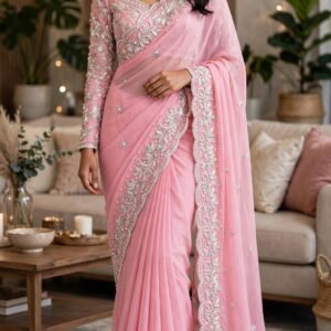 Blush Pink Embellished Chiffon Saree with Intricate Silver Threadwork