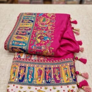 Heritage Pattachitra Art Silk Saree with Mirror Work – Available in Ivory & Rani Pink