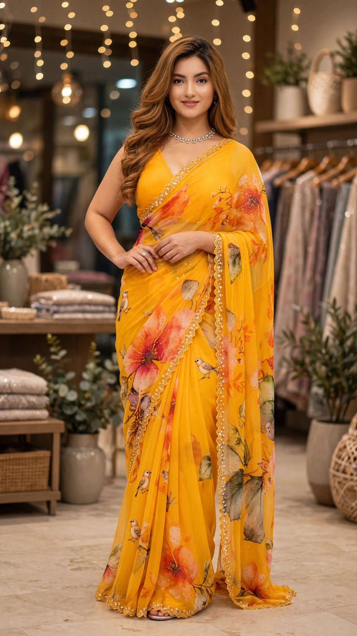 Sunshine Meadow Hand-Painted Floral Saree with Scalloped Embellishments – Available in Bright Yellow & Warm Saffron - Image 2