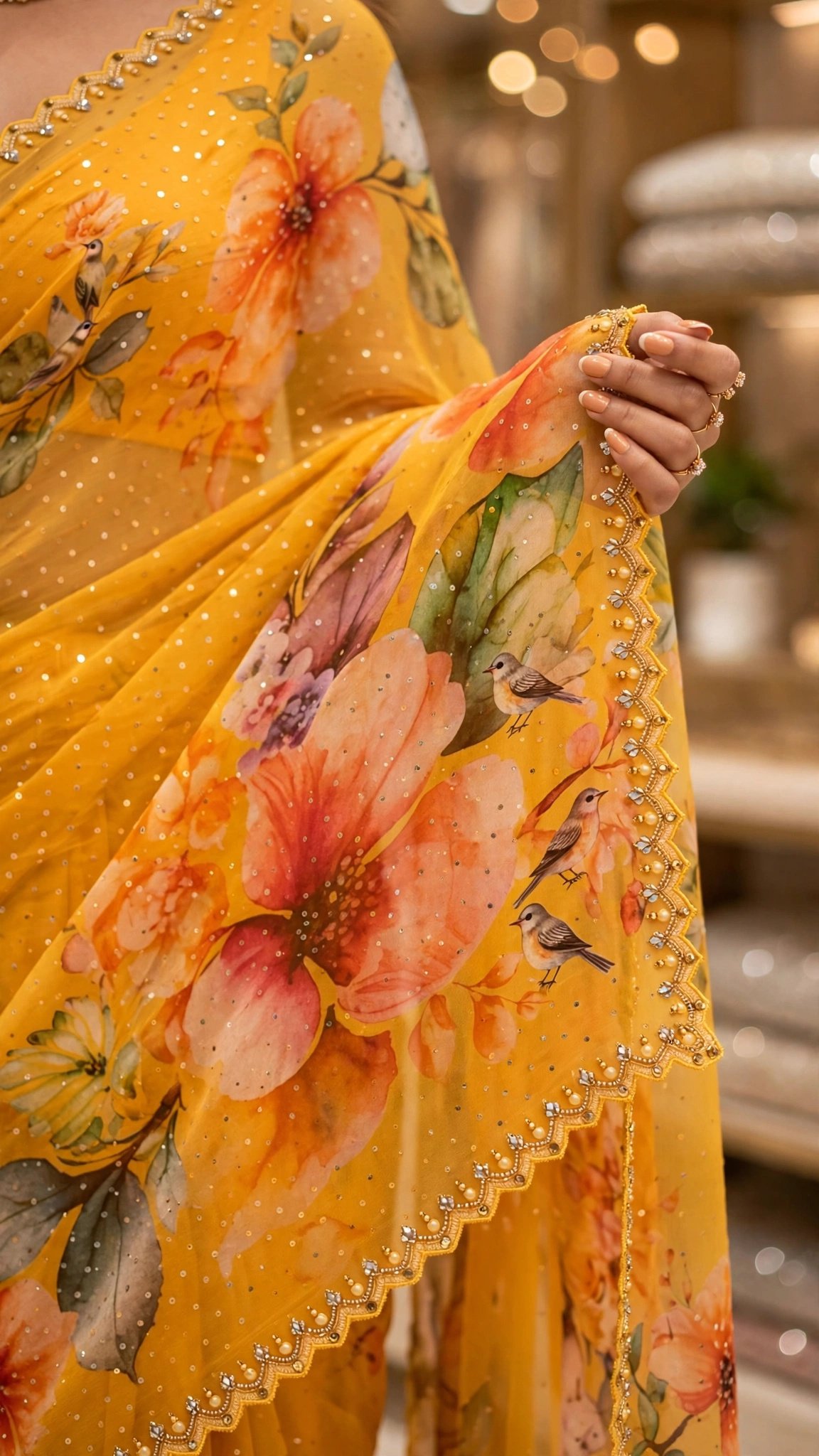 Sunshine Meadow Hand-Painted Floral Saree with Scalloped Embellishments – Available in Bright Yellow & Warm Saffron - Image 4