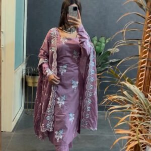 Dusty Mauve Cotton Floral Embroidered Kurta Set with Scalloped Dupatta