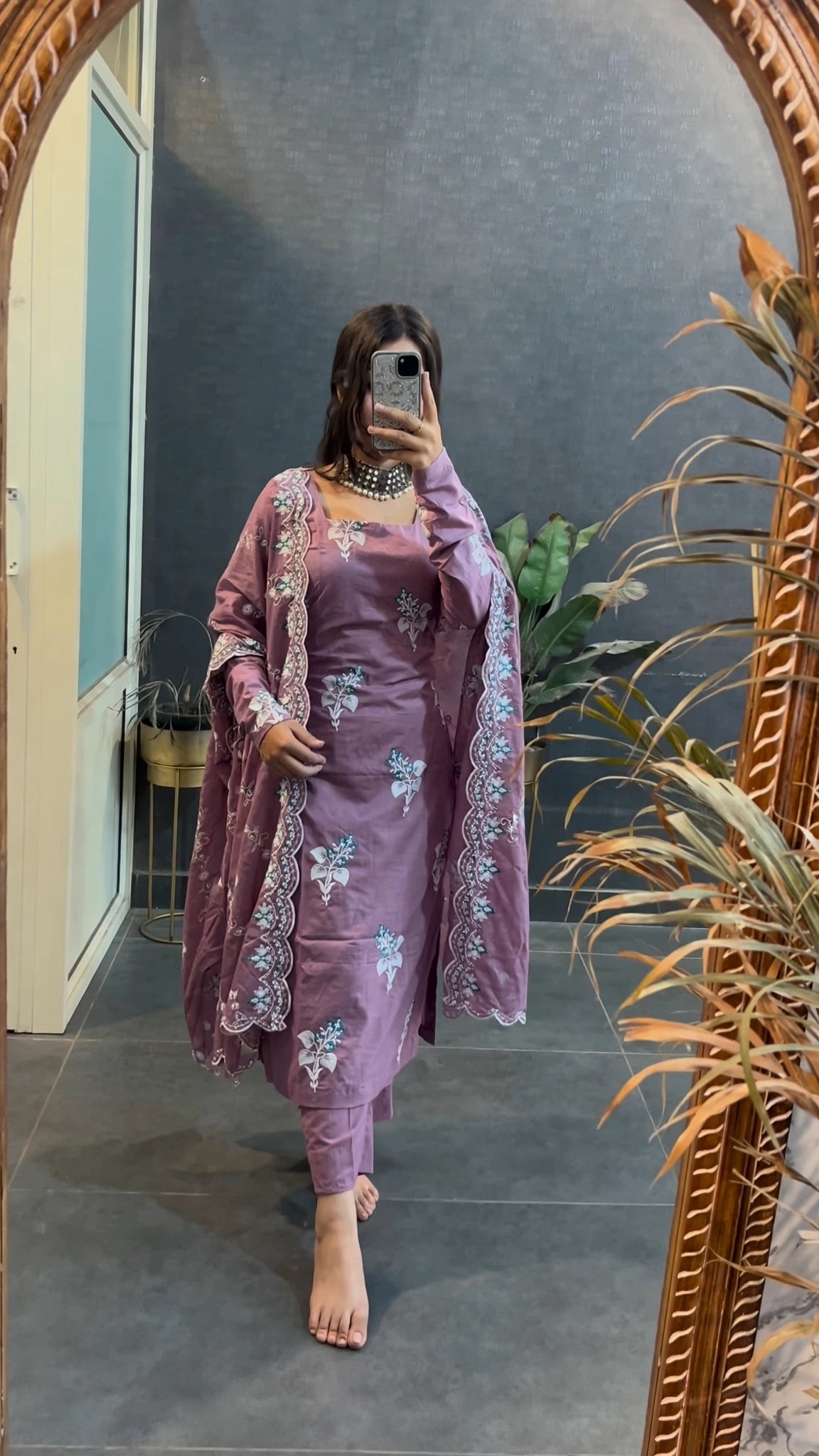 Dusty Mauve Cotton Floral Embroidered Kurta Set with Scalloped Dupatta