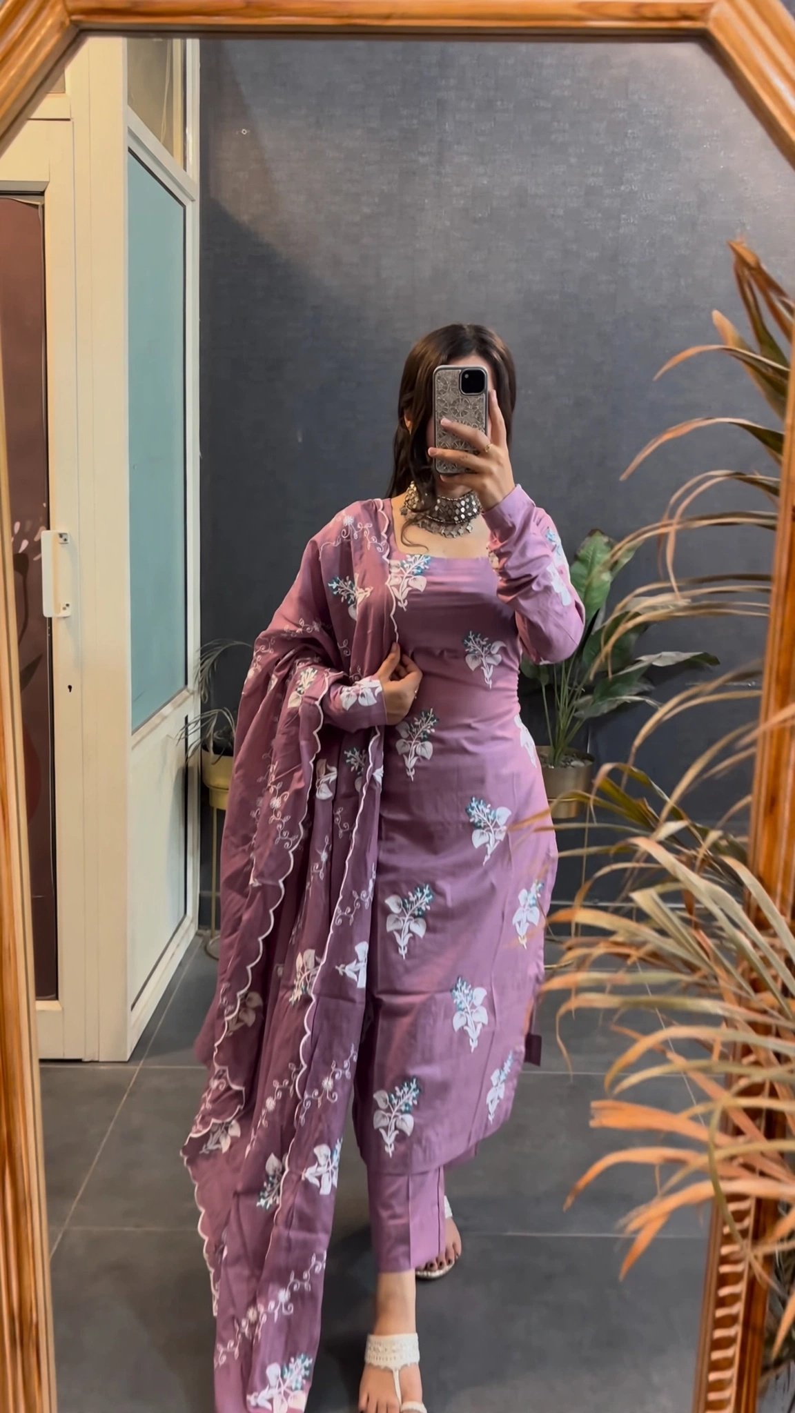 Dusty Mauve Cotton Floral Embroidered Kurta Set with Scalloped Dupatta - Image 2