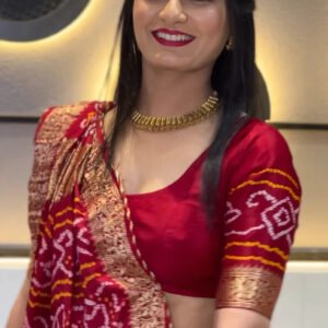 Royal Crimson Bandhani Silk Saree with Antique Gold Zari Border