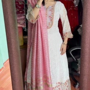 Ethereal White Chikankari Floral Embroidered Kurta Set with Pink Striped Dupatta