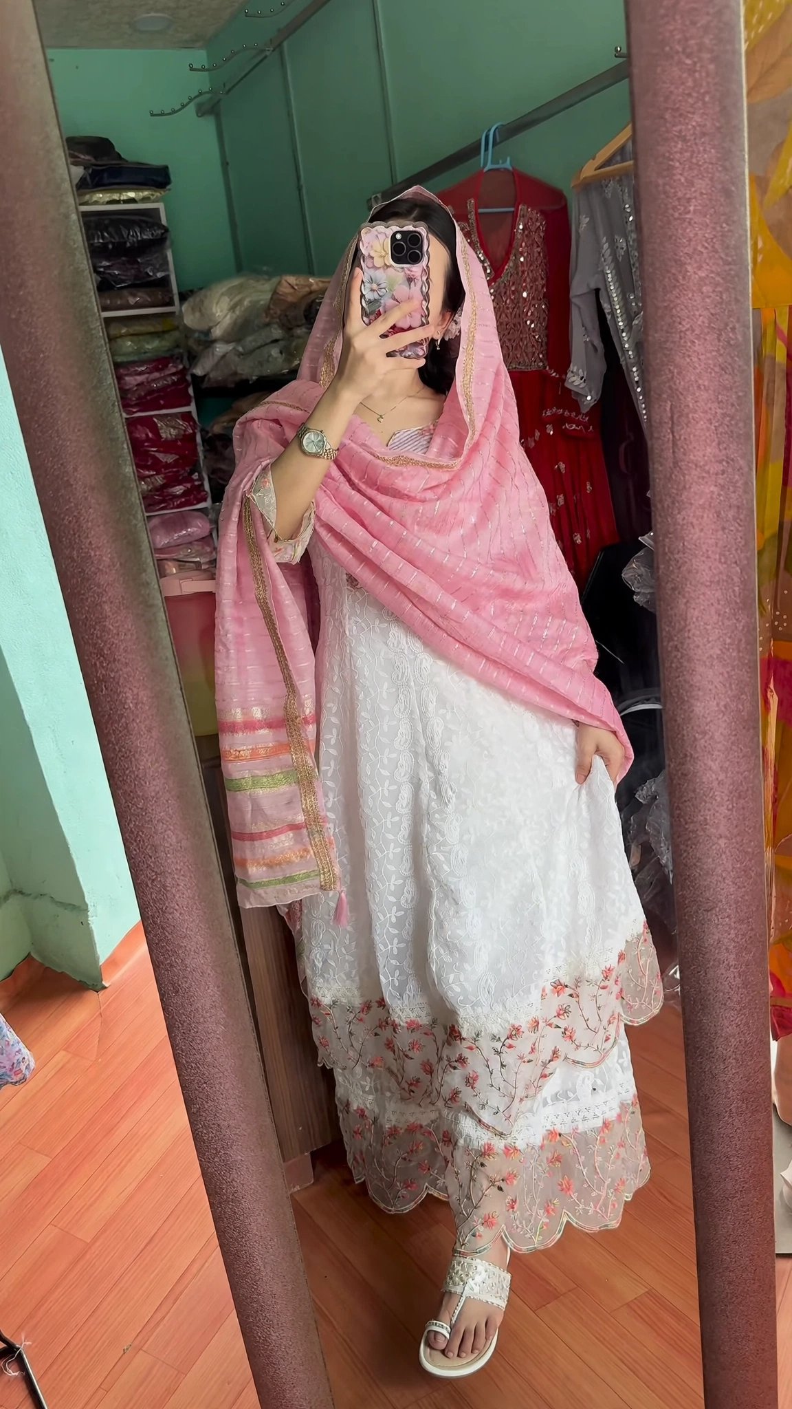 Ethereal White Chikankari Floral Embroidered Kurta Set with Pink Striped Dupatta - Image 3