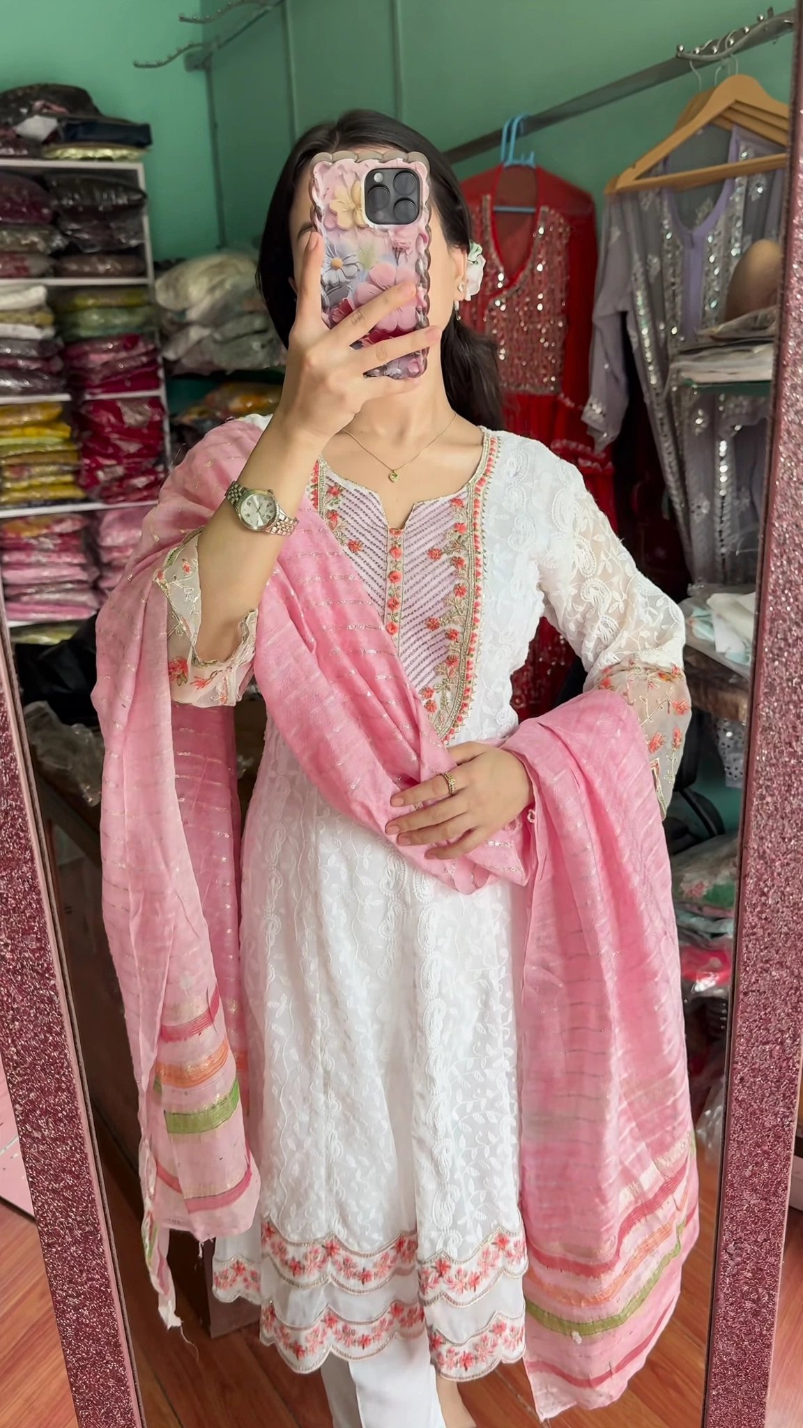 Ethereal White Chikankari Floral Embroidered Kurta Set with Pink Striped Dupatta - Image 4