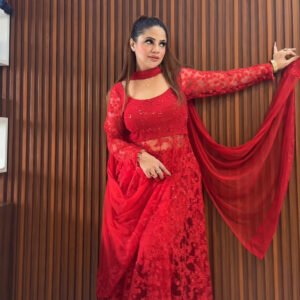 Ravishing Crimson Floral Embroidered Anarkali Kurta Set