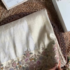 Ivory Floral Banarasi Silk Saree with Hand-Embroidered Border and Heavily Sequined Blouse – Available in Ivory & Floral Multi-Color Set