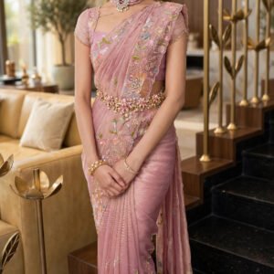 Ethereal Blush Floral Embellished Organza Saree – A Masterpiece of Grace