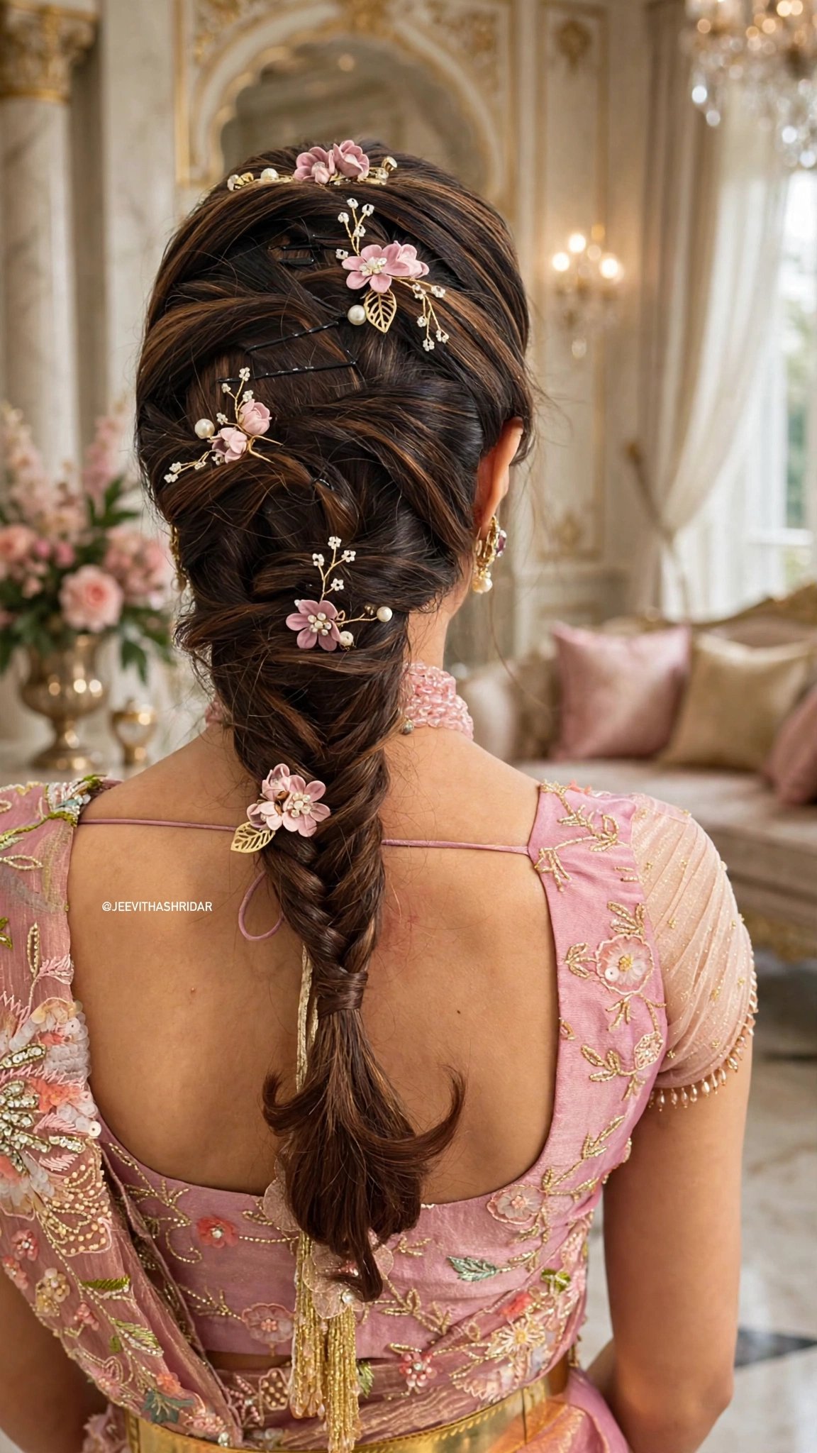 Ethereal Blush Floral Embellished Organza Saree – A Masterpiece of Grace - Image 4
