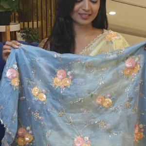 Radiant Lemon Yellow Tissue Organza Floral Saree with Sequins – Available in Lemon Yellow & Sky Blue