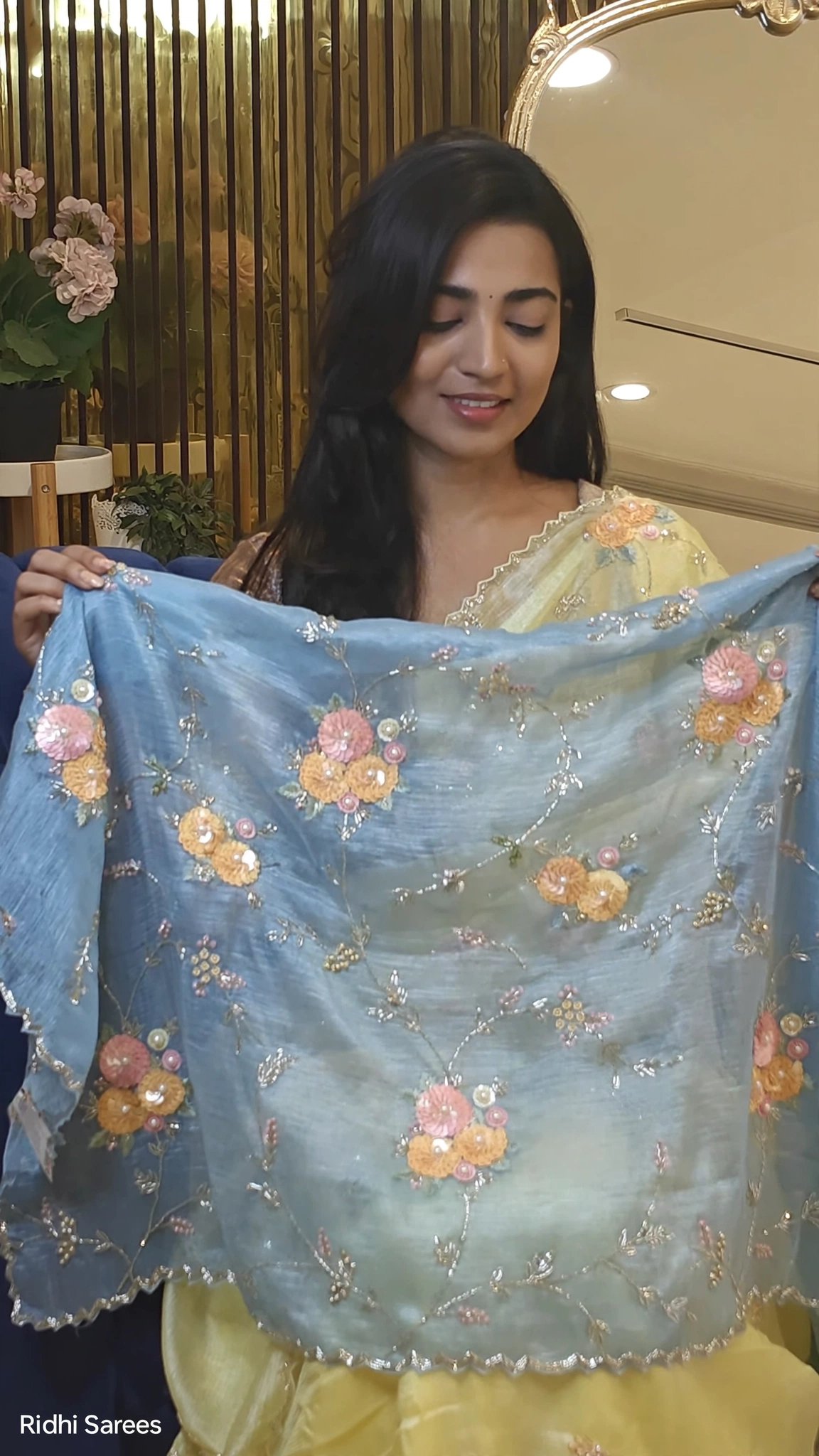 Radiant Lemon Yellow Tissue Organza Floral Saree with Sequins – Available in Lemon Yellow & Sky Blue