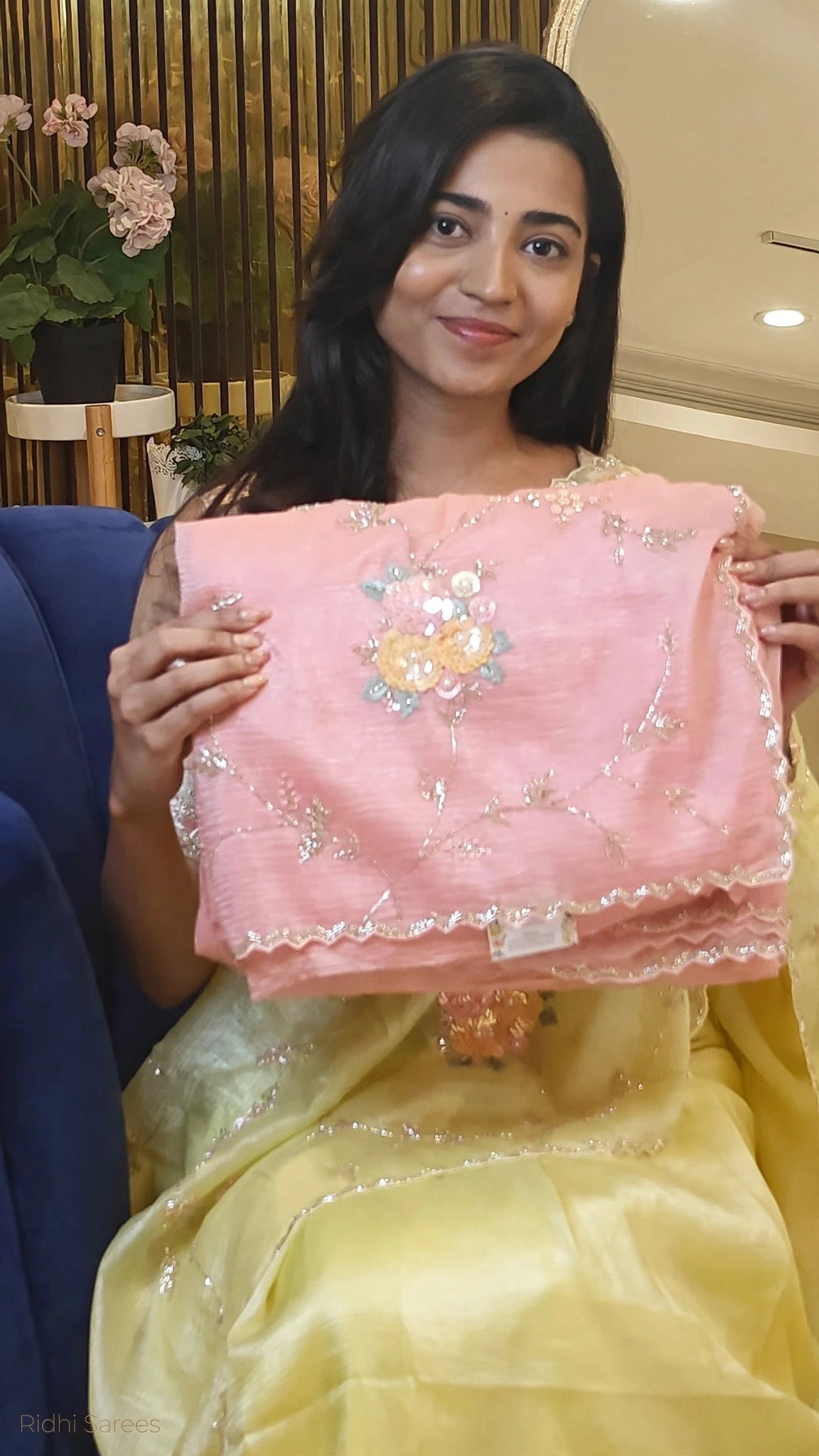 Radiant Lemon Yellow Tissue Organza Floral Saree with Sequins – Available in Lemon Yellow & Sky Blue - Image 2