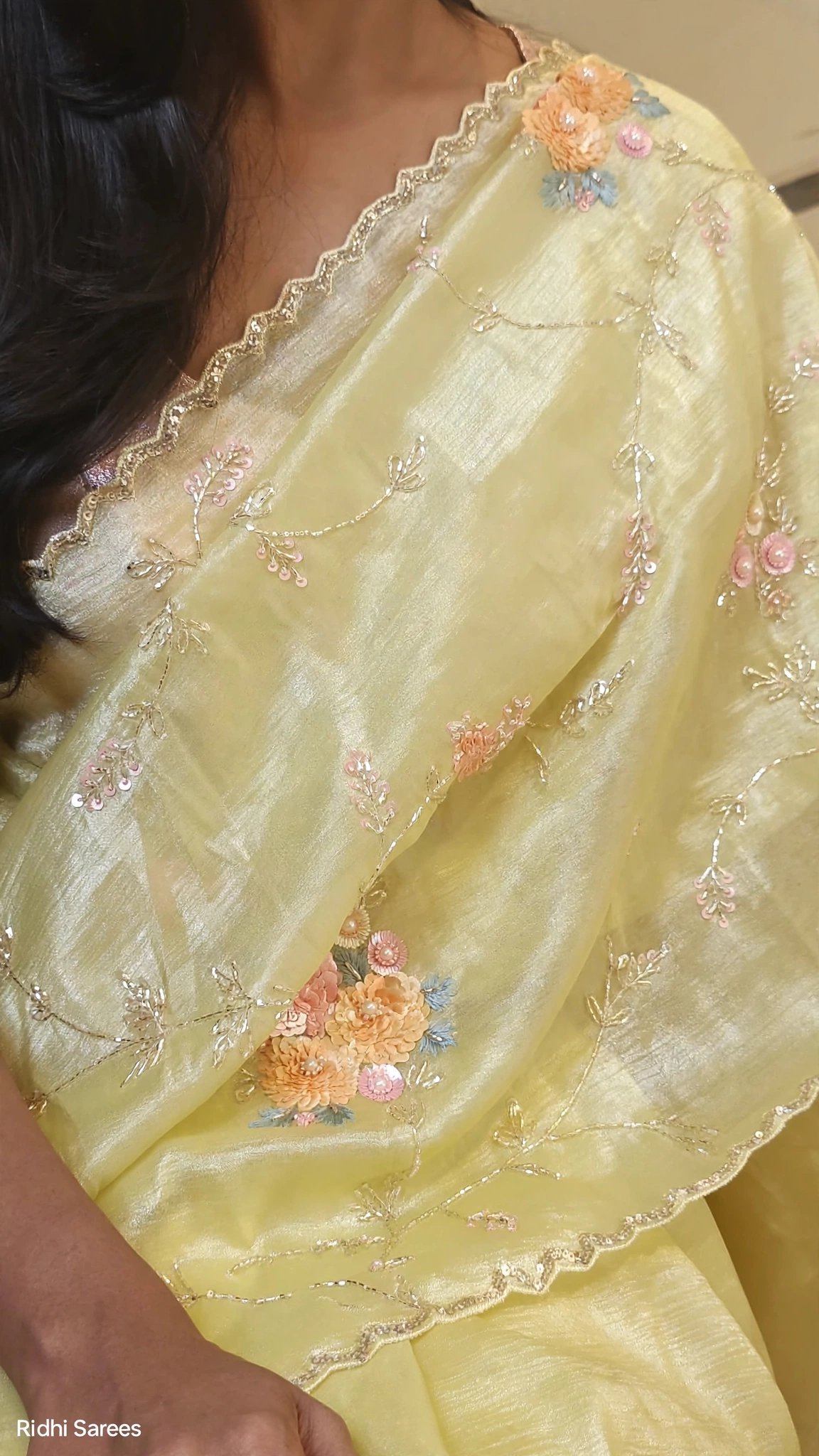 Radiant Lemon Yellow Tissue Organza Floral Saree with Sequins – Available in Lemon Yellow & Sky Blue - Image 3