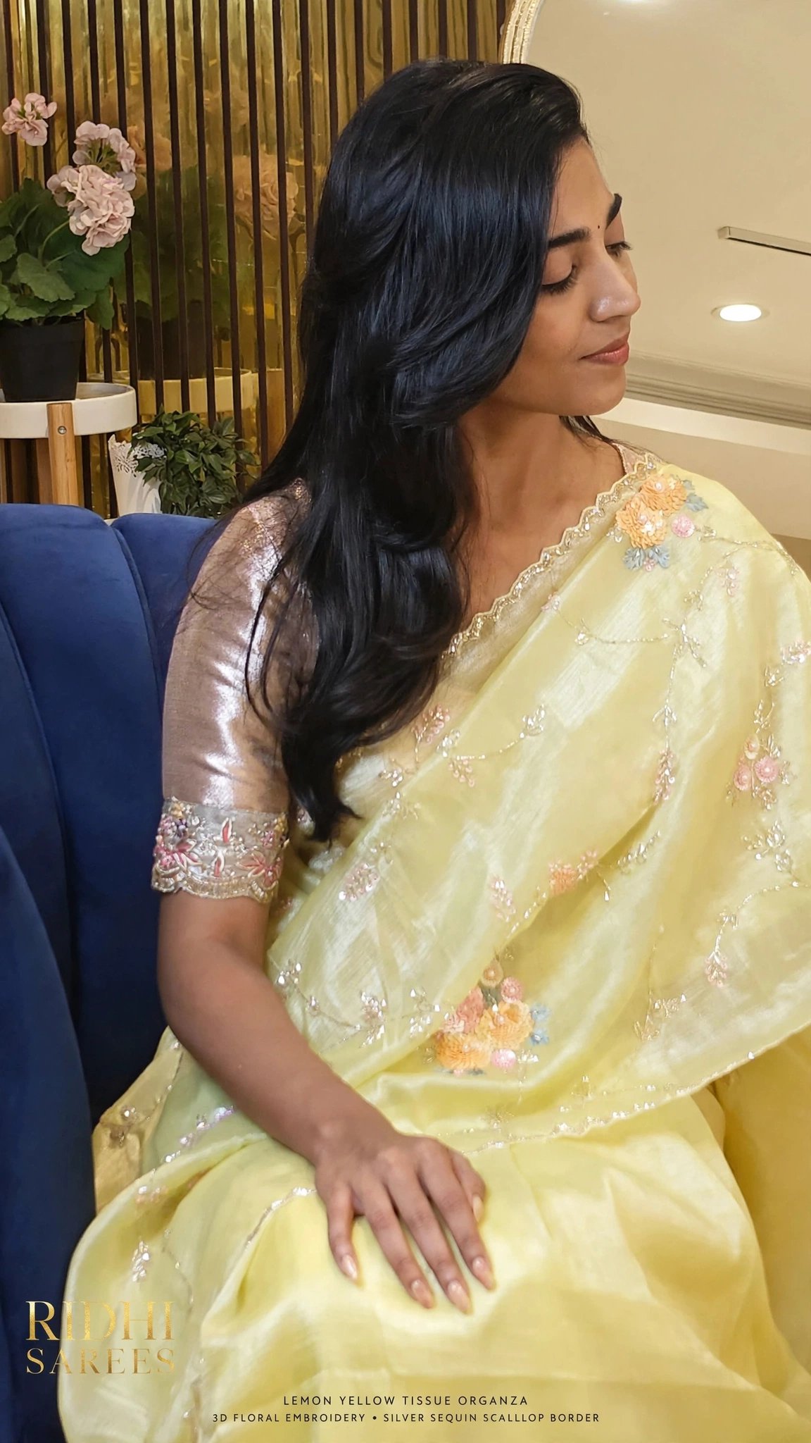 Radiant Lemon Yellow Tissue Organza Floral Saree with Sequins – Available in Lemon Yellow & Sky Blue - Image 4