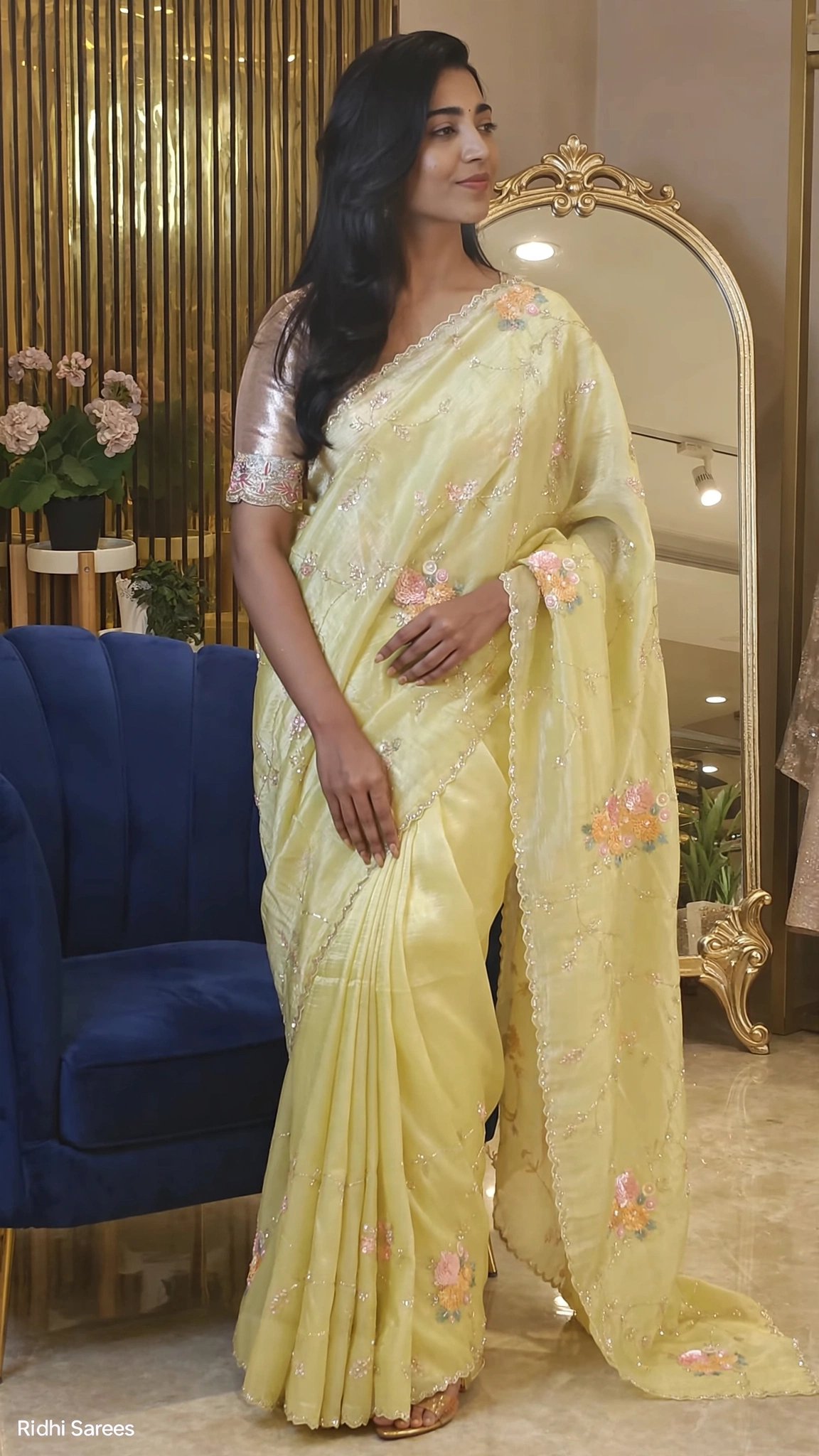 Radiant Lemon Yellow Tissue Organza Floral Saree with Sequins – Available in Lemon Yellow & Sky Blue - Image 5