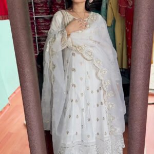 Ethereal White Chikankari Anarkali Kurta Set with Scalloped Dupatta