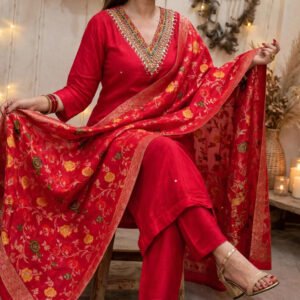 Ethereal Crimson Banarasi Silk Kurta Set with Mirrorwork Yoke